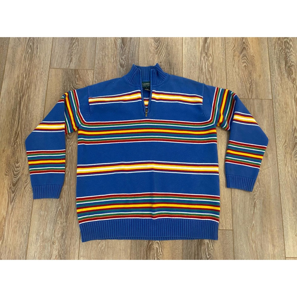Women’s Ralph Lauren 1/4 Zip Sweater Large Striped Blue Cotton